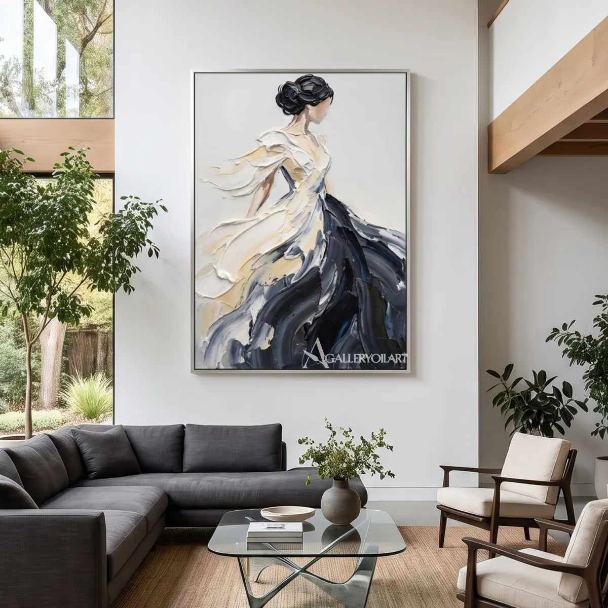 Painterly-woman-in-a-flowing-ivory-gown-displayed-in-a-sunlit-room