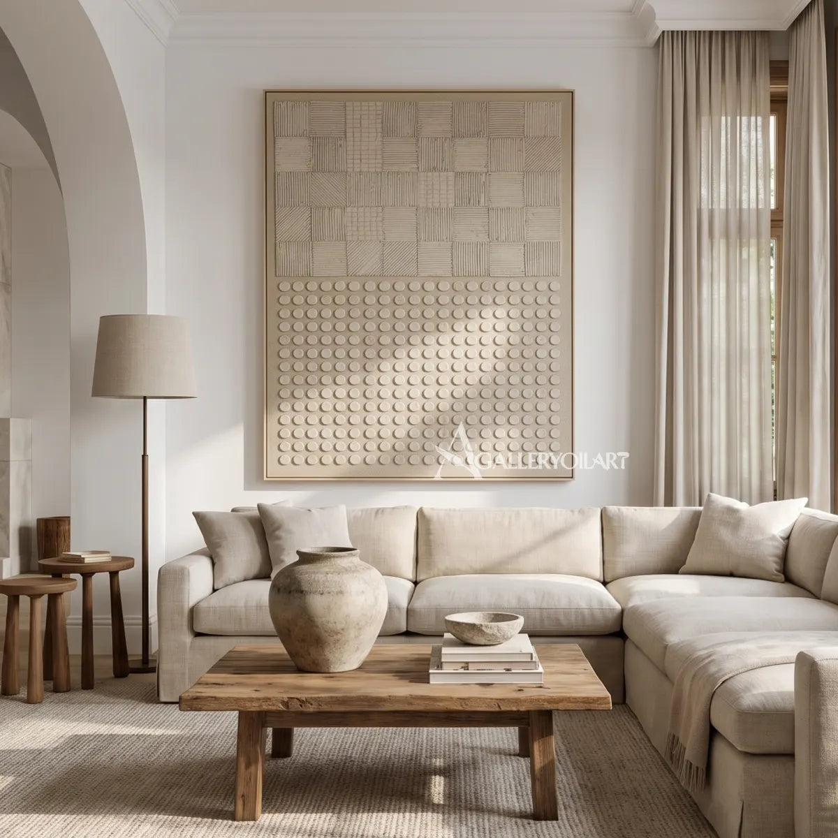 Textured beige raised grid wall art in bedroom