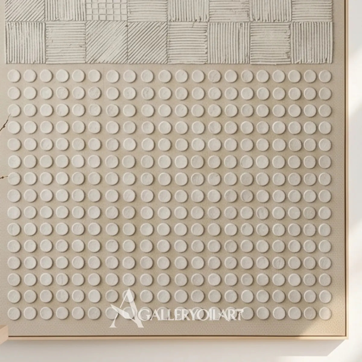 Close view of beige raised grid and dot texture wall art