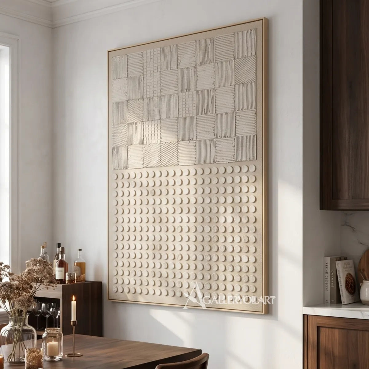 Detailed texture of beige raised grid wall art