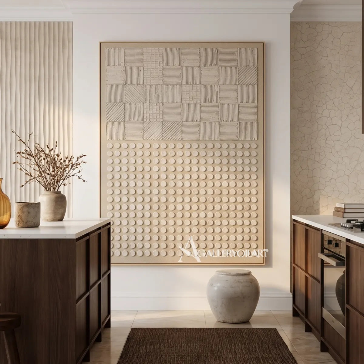 Textured beige raised grid wall art in a modern interior