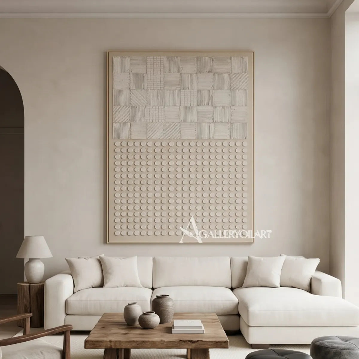 Textured beige raised grid wall art in contemporary interior
