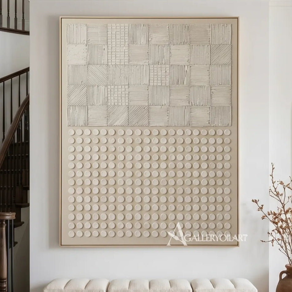 Textured beige raised grid wall art in living room