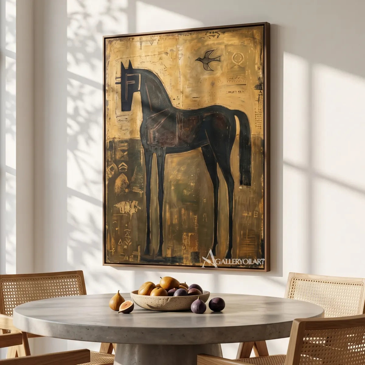 Decorative animal portrait of a tall dark horse-in-dining-room