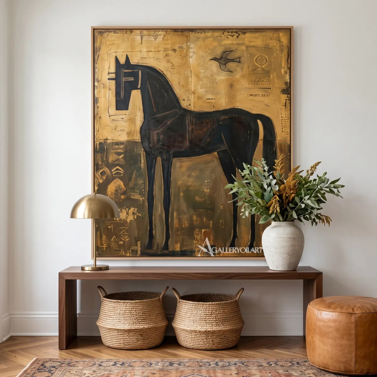 Decorative animal portrait of a tall dark horse-in-entryway