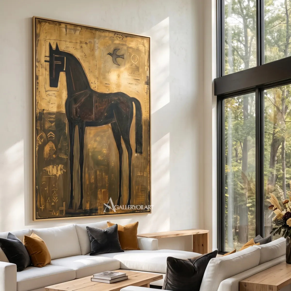 Decorative animal portrait of a tall dark horse-in-living-room