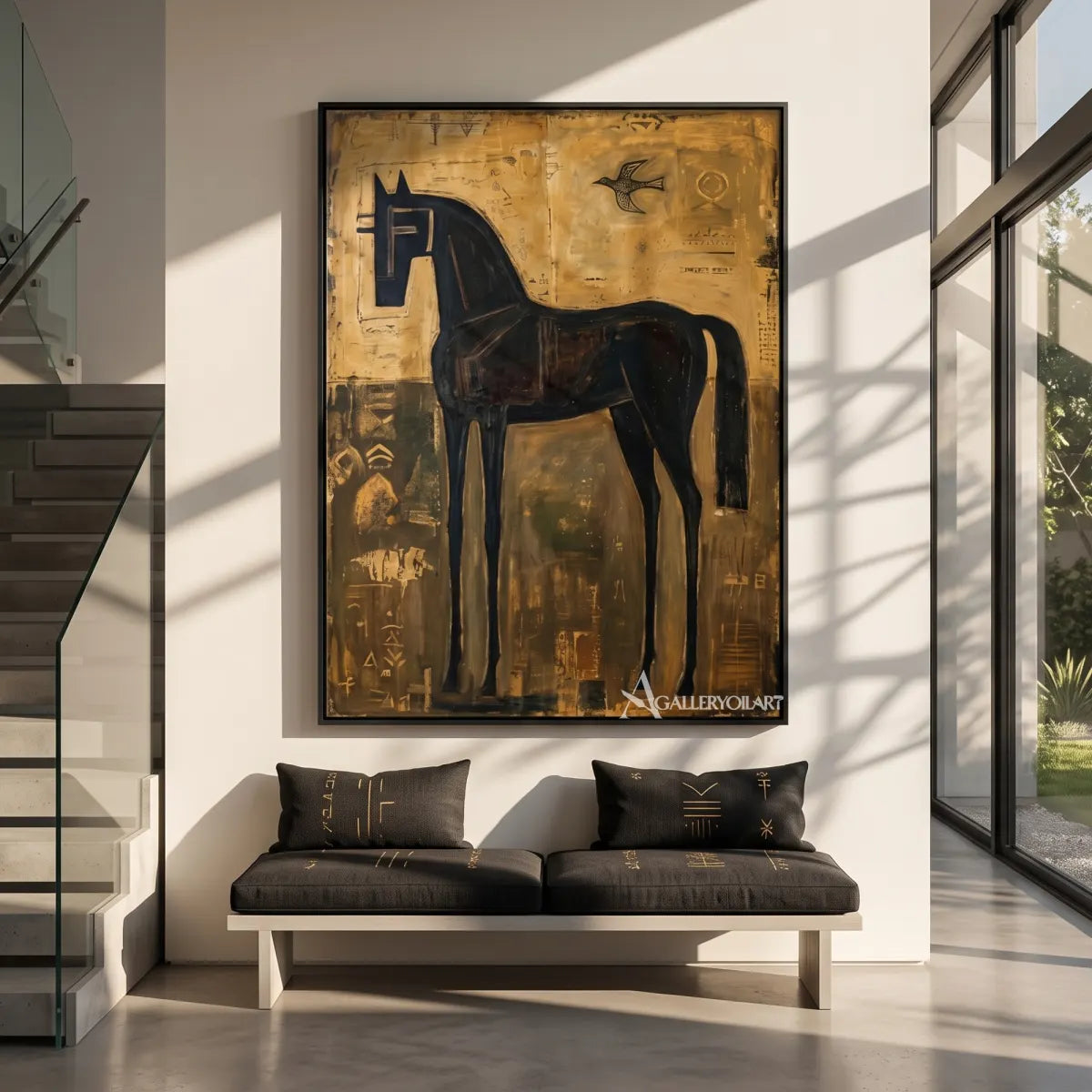 Decorative animal portrait of a tall dark horse-in-minimalist-interior