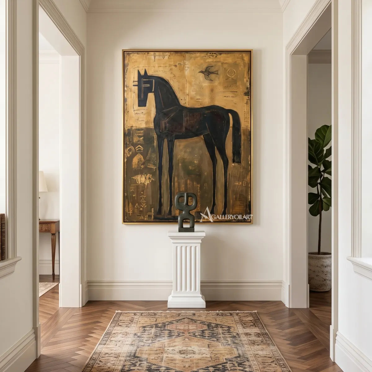 Decorative animal portrait of a tall dark horse-in-transitional-hallway