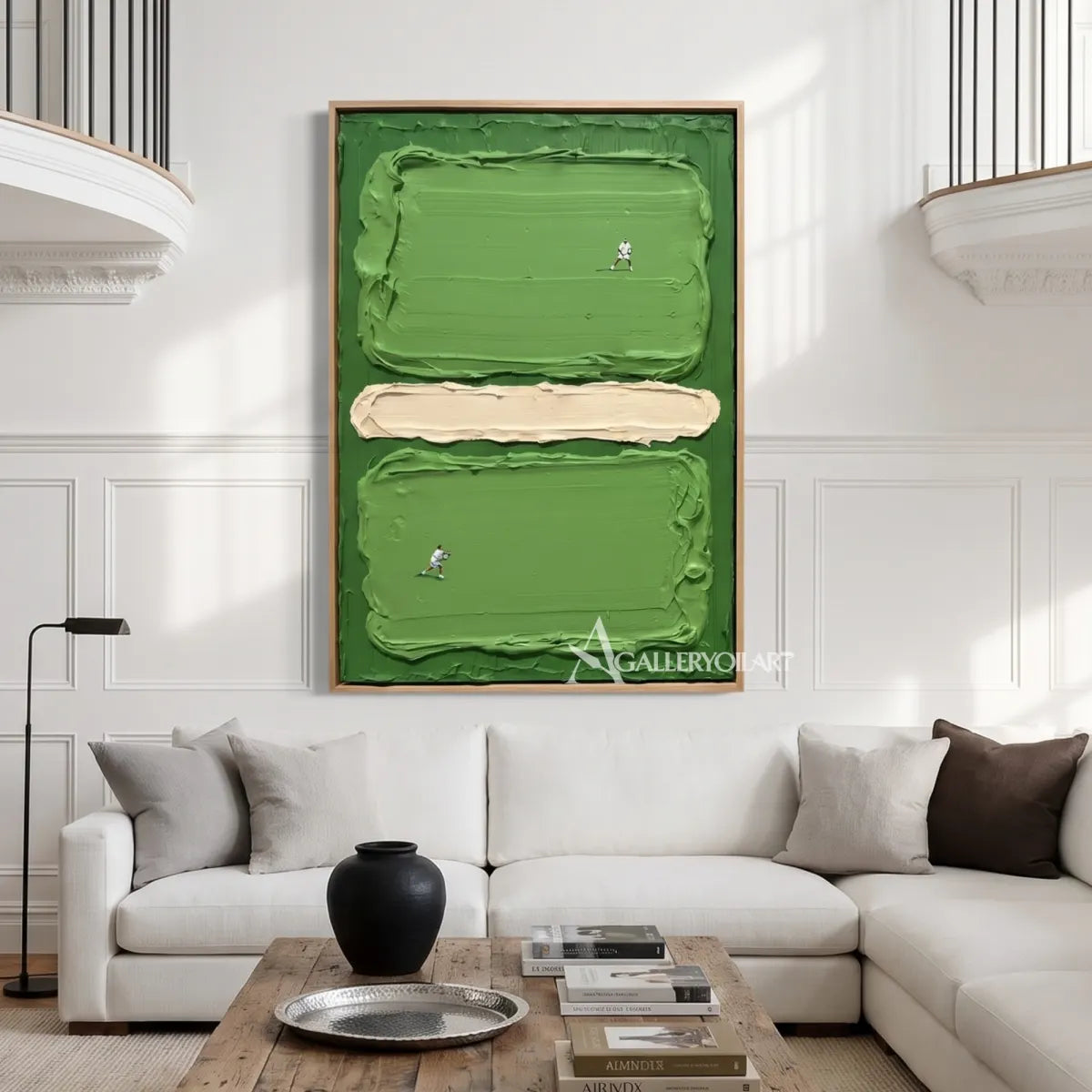a textured green court with two tiny players in green and cream abstract art wall art in a modern interior setting
