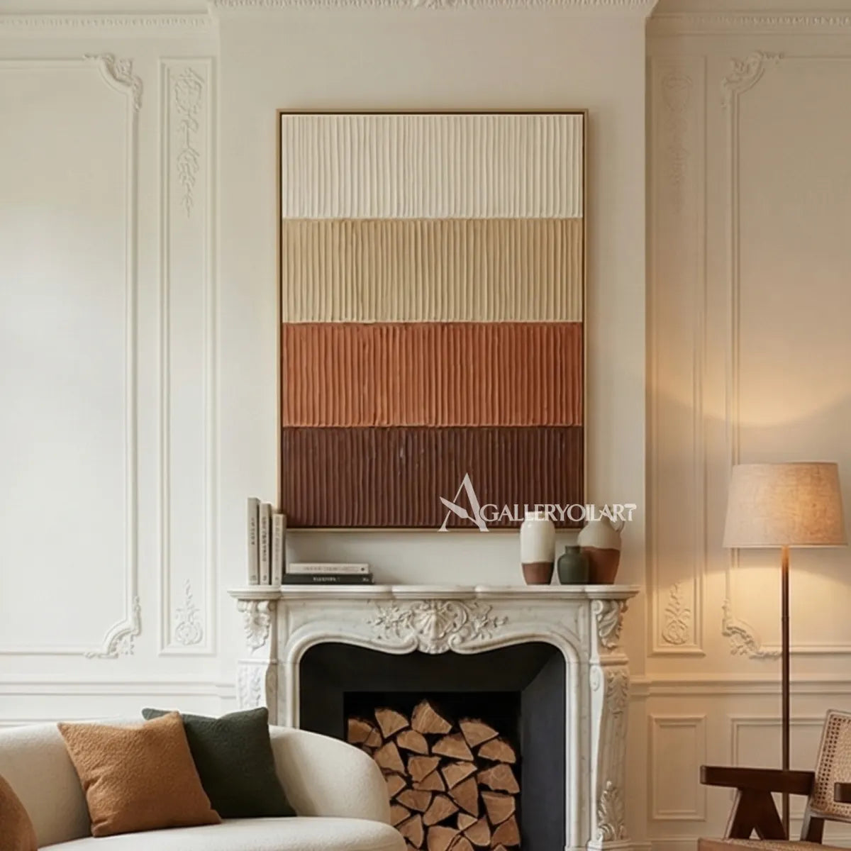 vertical-abstract-art-with-raised-bands-near-a-fireplace