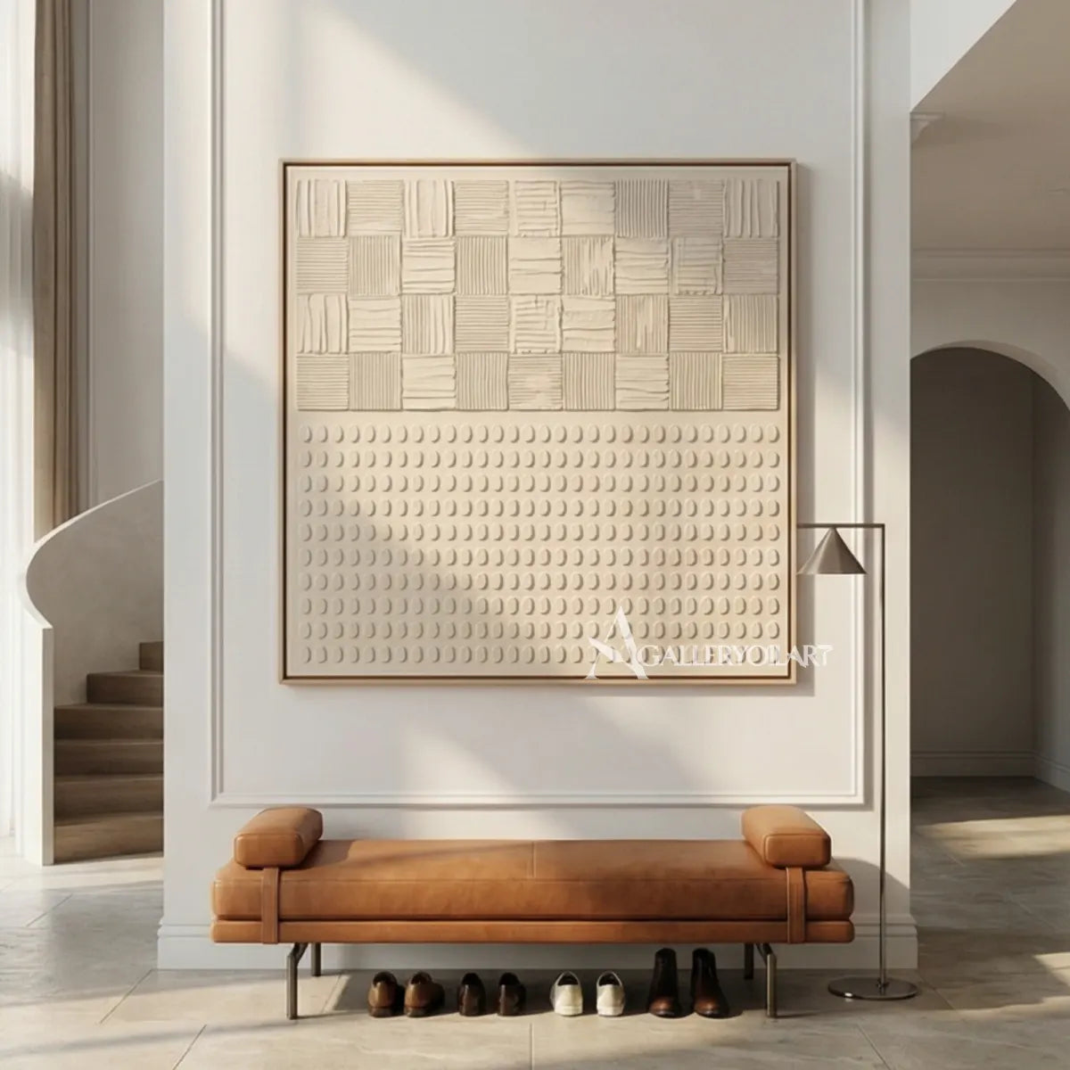 Textured-3d-ordered-patterns-beige-wall-art-wide-view