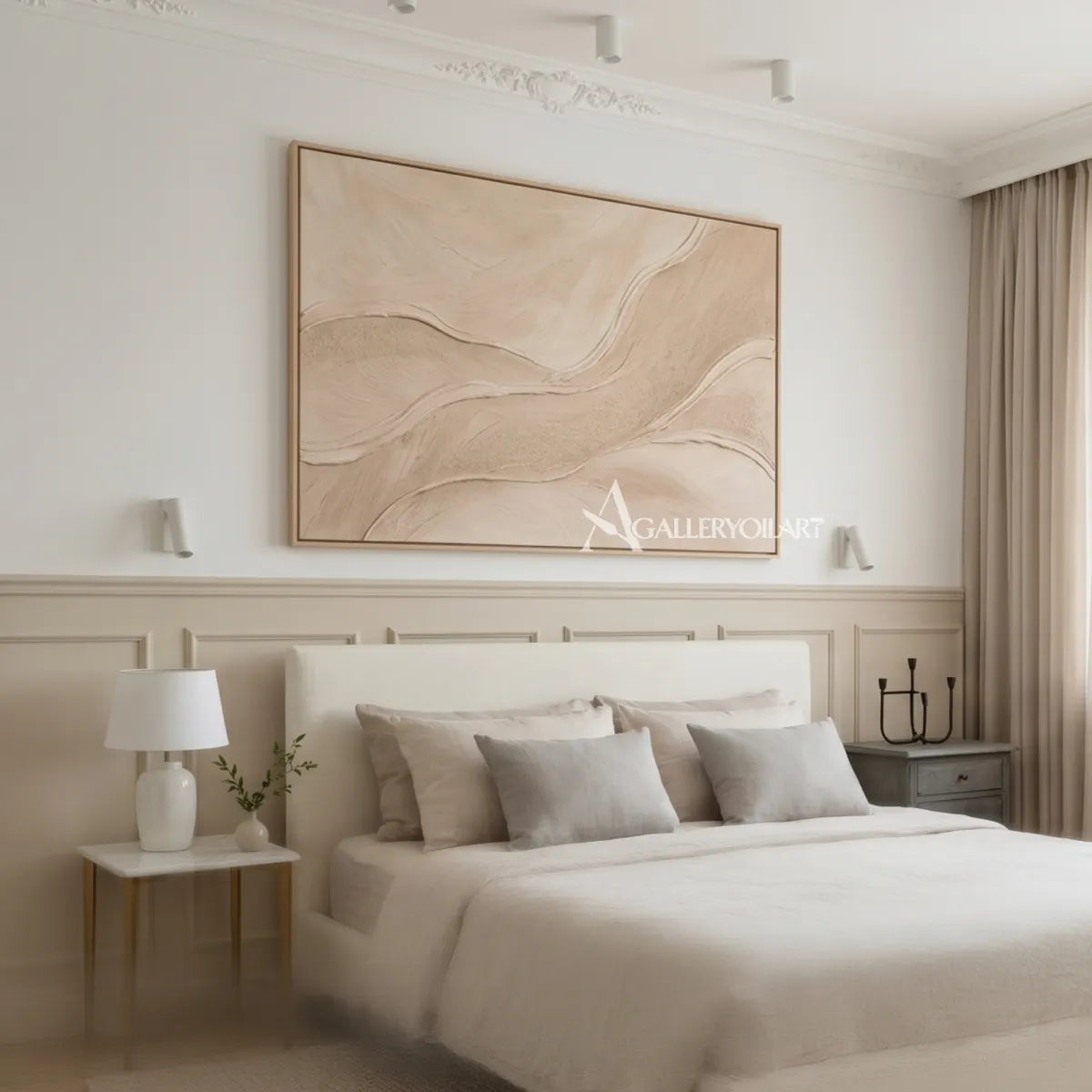 Textured-3d-quiet-currents-beige-wall-art-in-a-bedroom