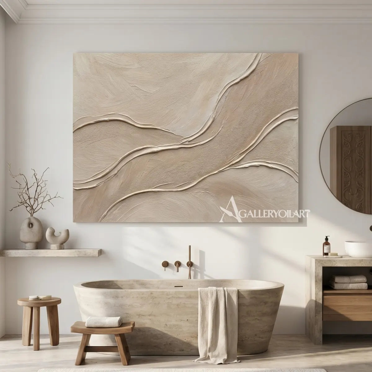 Textured-3d-quiet-currents-beige-wall-art-above-a-console