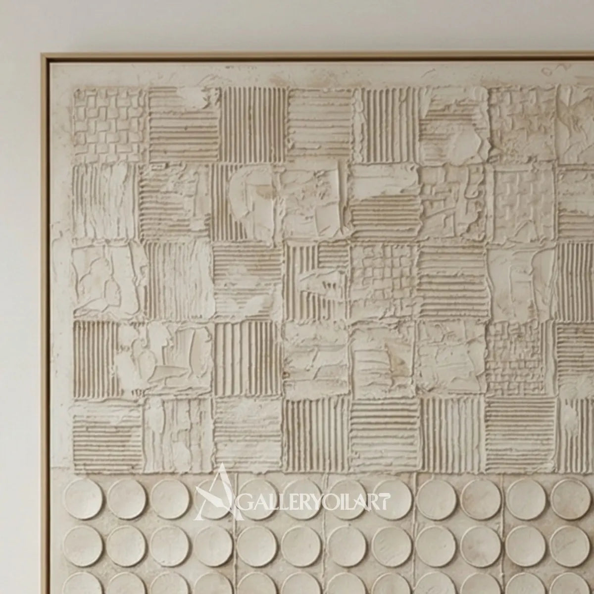 Textured 3D patchwork relief art in warm beige and ivory, shown in close detail