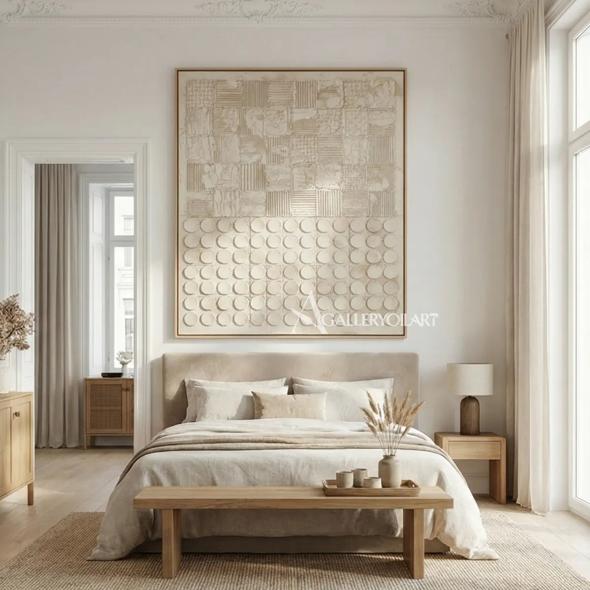 Textured 3D patchwork relief art in warm beige and ivory in a bedroom