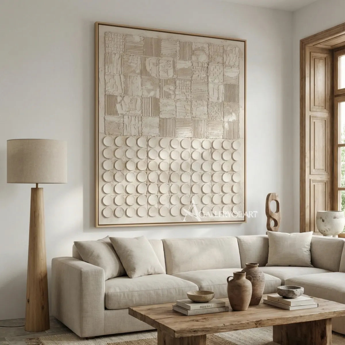 Textured 3D patchwork relief art in warm beige and ivory in a library interior