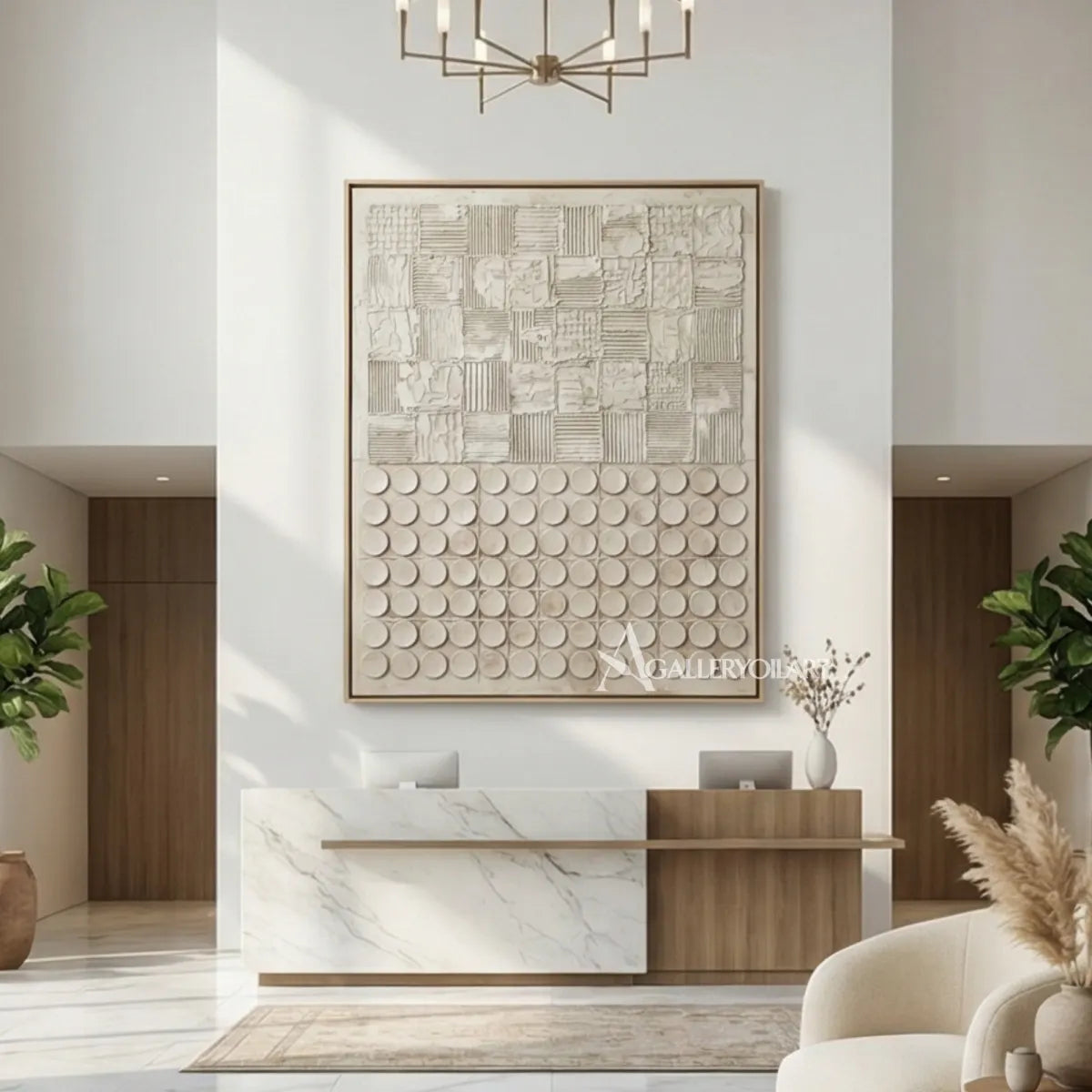 Textured 3D patchwork relief art in warm beige and ivory above a neutral lounge