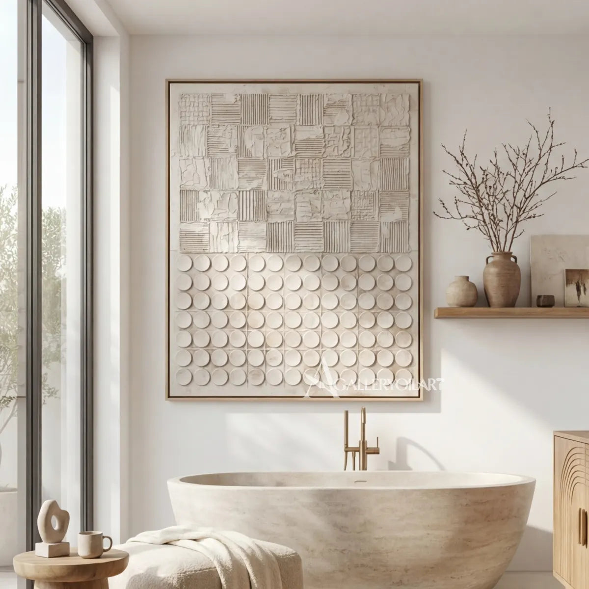 Textured 3D patchwork relief art in warm beige and ivory in a sunlit lounge