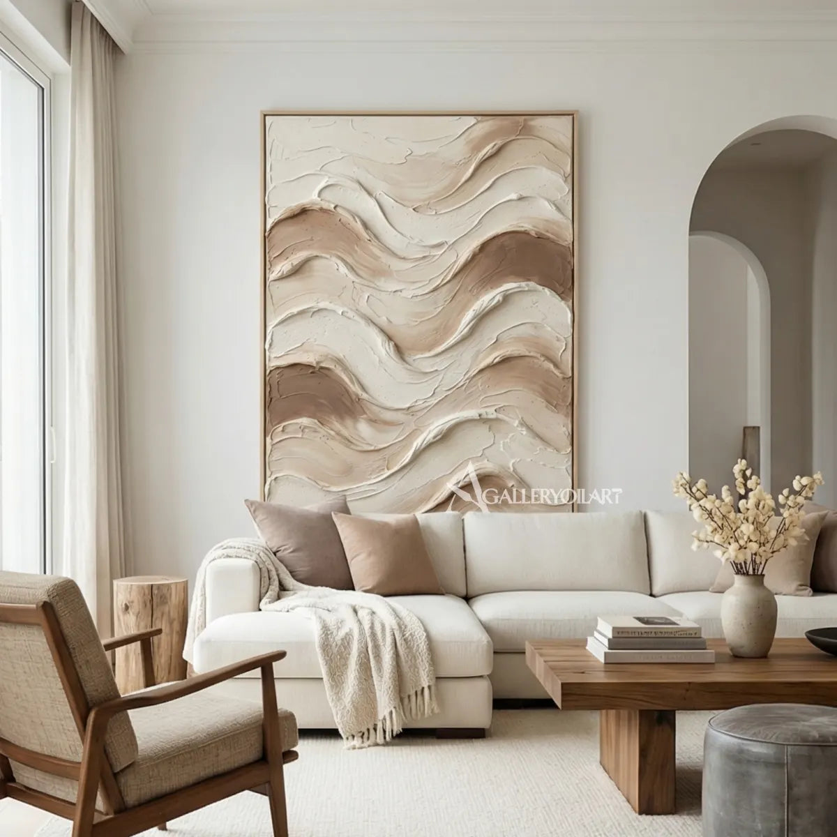 Textured-3d-wave-layers-brown-wall-art-in-a-hallway