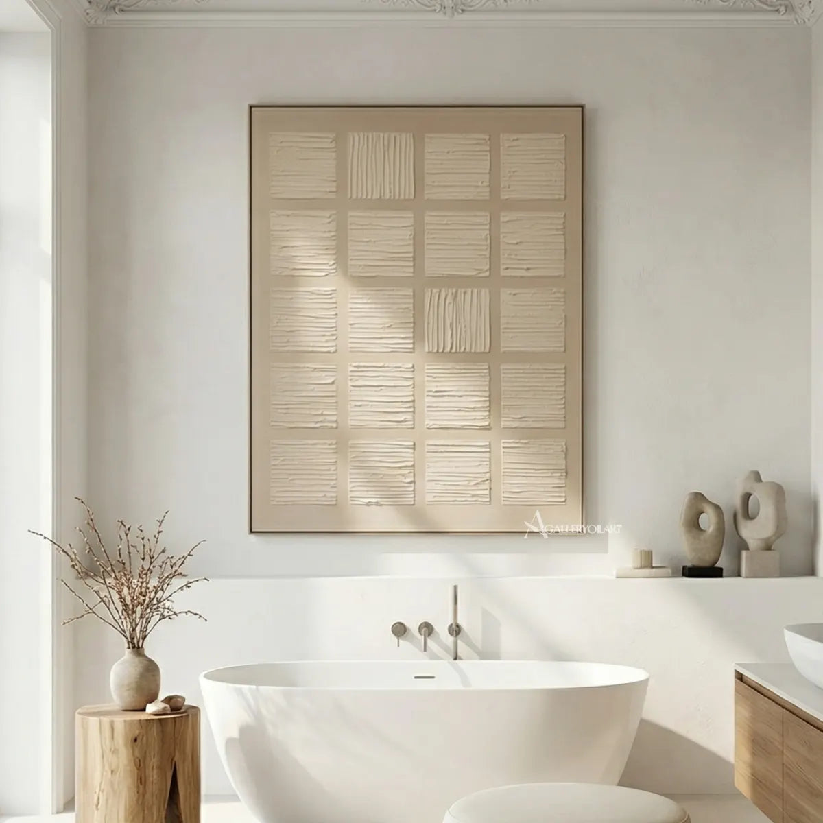 textured-3d-a-grid-of-raised-panels-ivory-cream-sand-beige-and-light-taupe-wall-art-in-bathroom