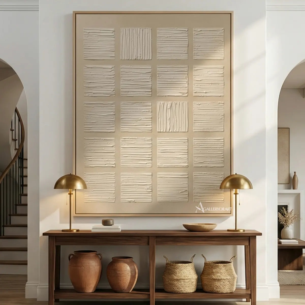 textured-3d-a-grid-of-raised-panels-ivory-cream-sand-beige-and-light-taupe-wall-art-in-entryway