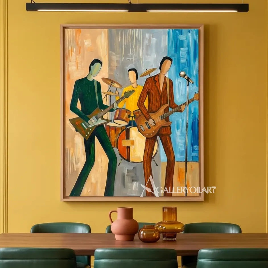 Portrait-art-painting-of-three-musicians-playing-electric-guitar-and-drums-against-blue-and-ochre-in-a-dining-room