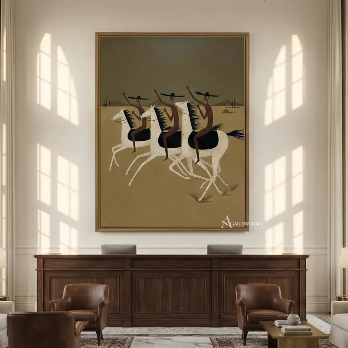 three-cowboys-riding-white-horses-western-cowboy-art-beige-and-black-painting-in-a-boardroom