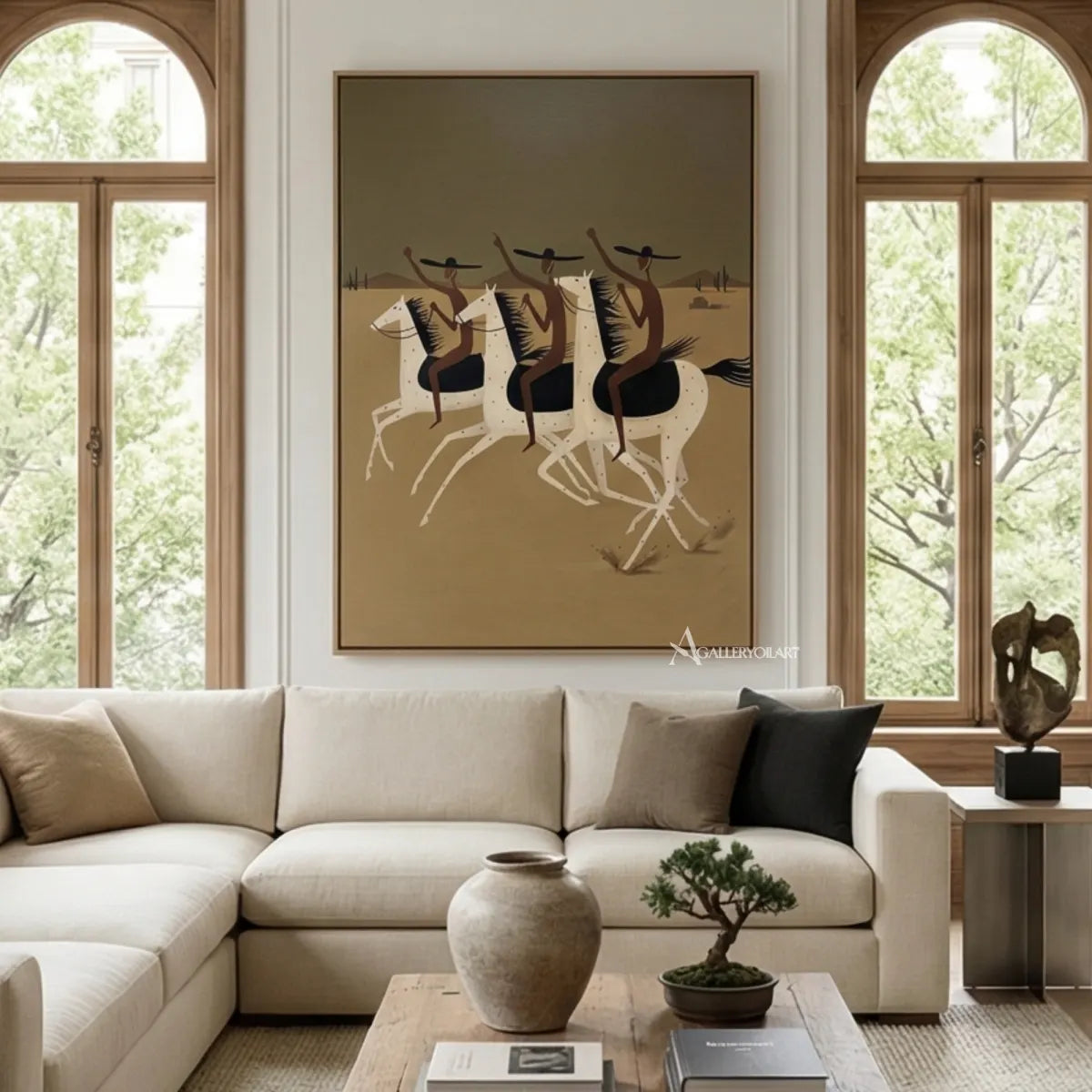 three-cowboys-riding-white-horses-western-cowboy-art-beige-and-black-painting-in-a-bright-living-room