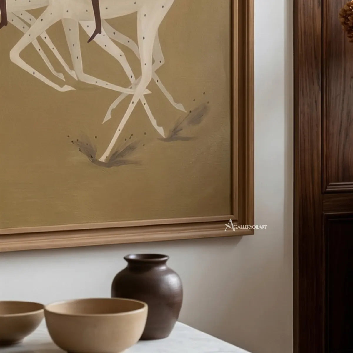 detail-of-three-cowboys-riding-white-horses-western-cowboy-art-beige-and-black-painting-near-a-console