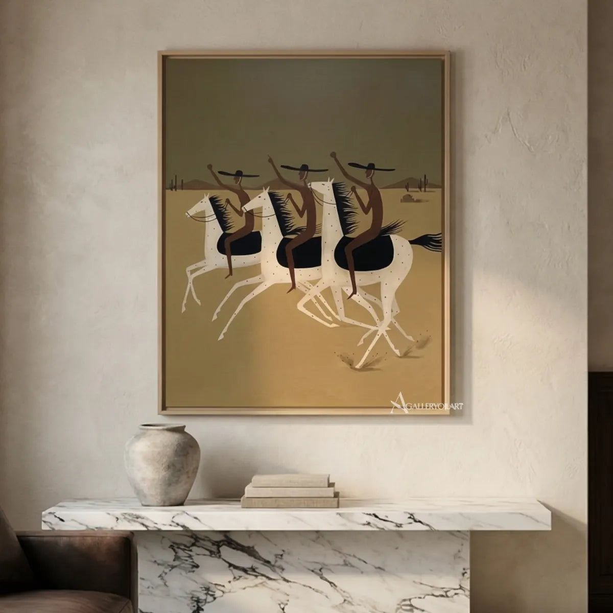 three-cowboys-riding-white-horses-western-cowboy-art-beige-and-black-painting-above-a-stone-console