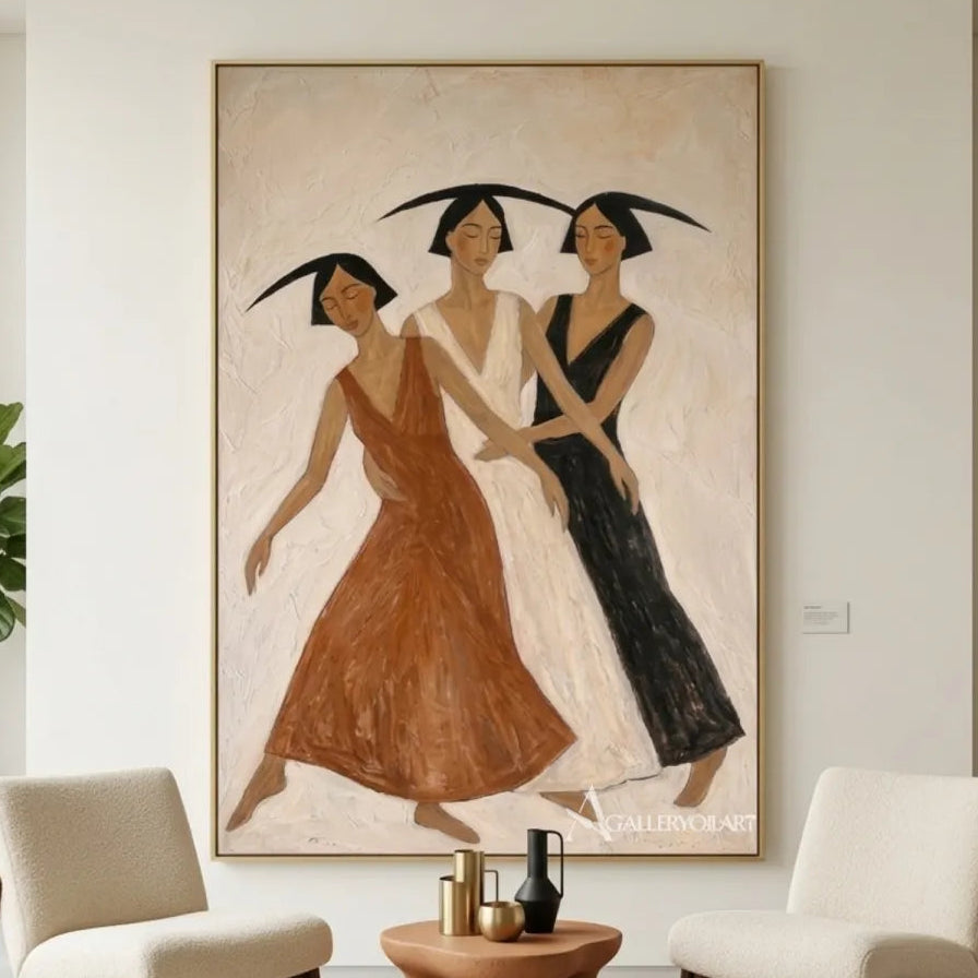Three-women-dancing-portrait-art-in-a-minimalist-gallery-interior-with-soft-brown-tones