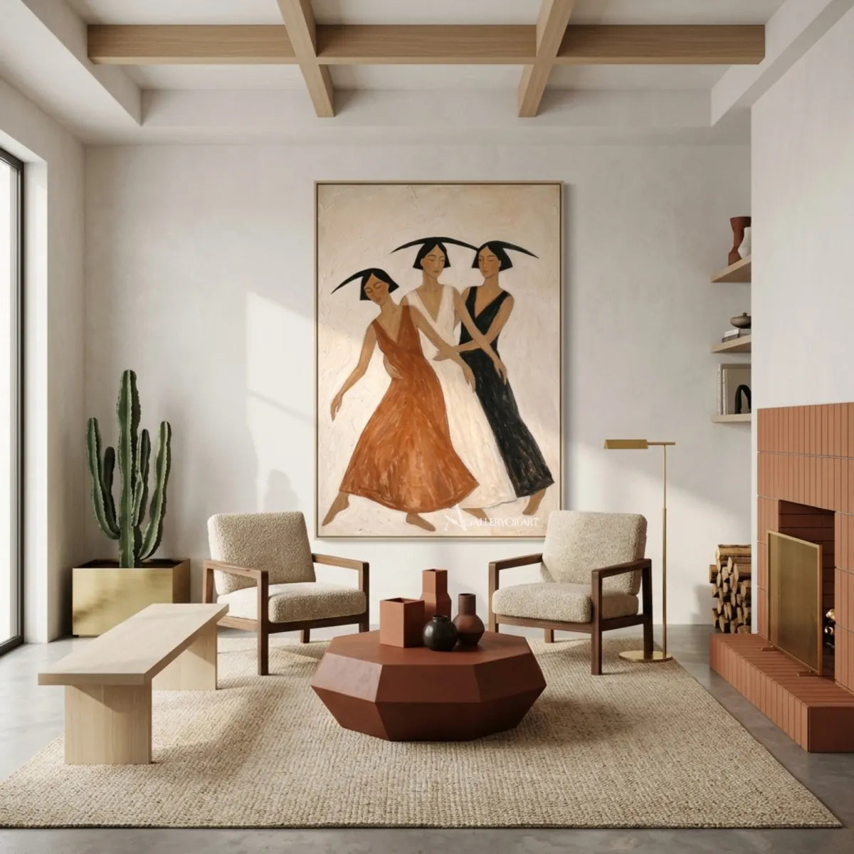 Three-women-dancing-portrait-art-in-a-contemporary-gathering-room-with-brown-and-cream-tones