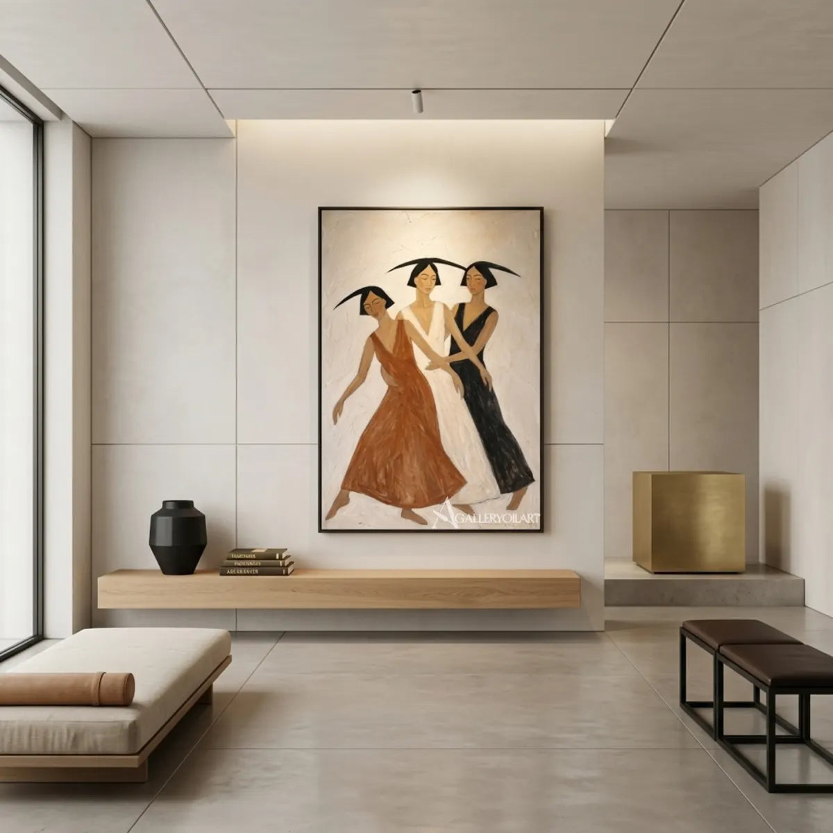Three-women-dancing-portrait-art-in-a-minimalist-interior-with-muted-brown-tones