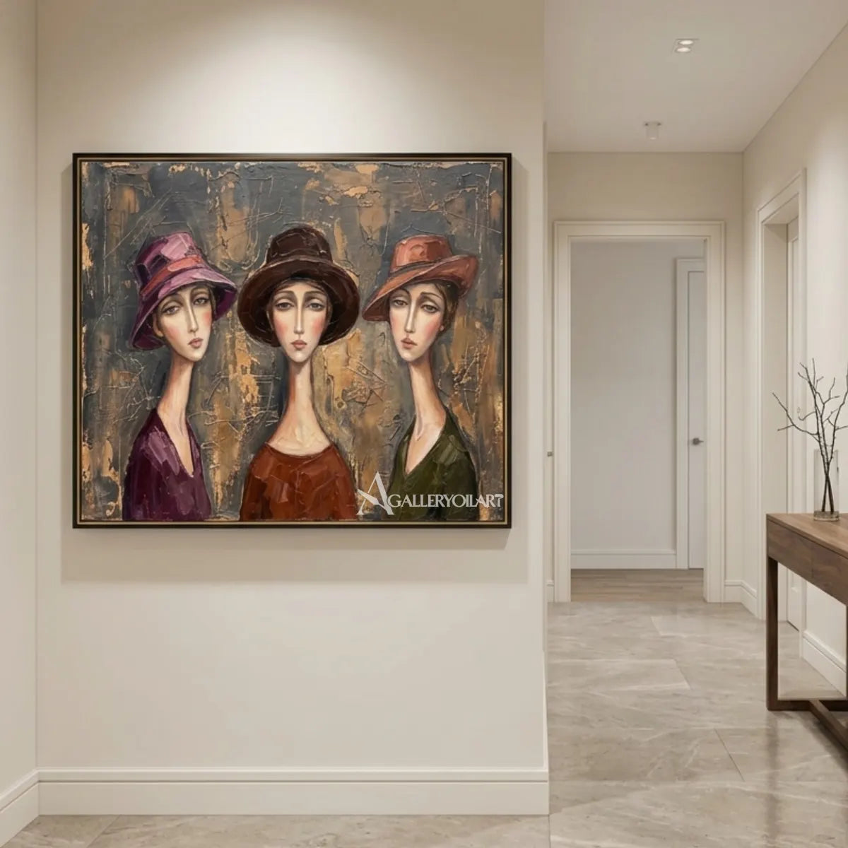 Three-women-in-hats-in-portrait-art-warm-brown-and-gray-above-console