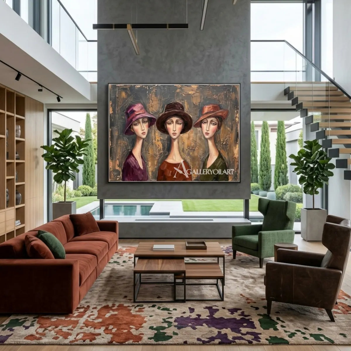 Three-women-in-hats-in-portrait-art-warm-brown-and-gray-above-fireplace