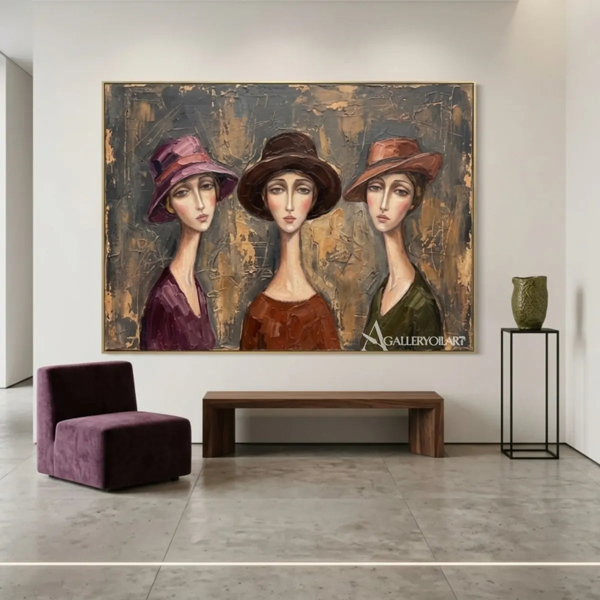 Three-women-in-hats-in-portrait-art-warm-brown-and-gray-living-room