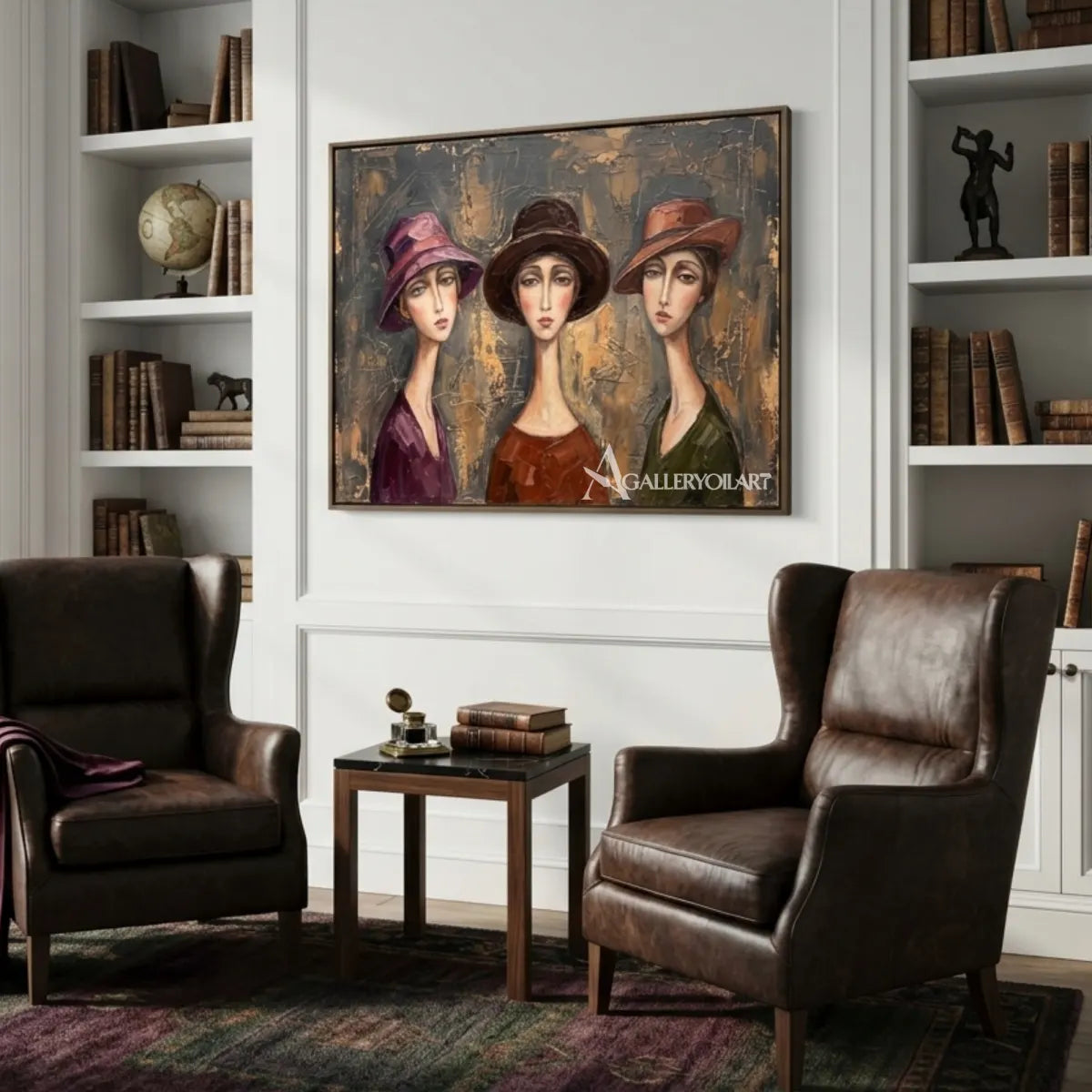 Three-women-in-hats-in-portrait-art-warm-brown-and-gray-modern-interior