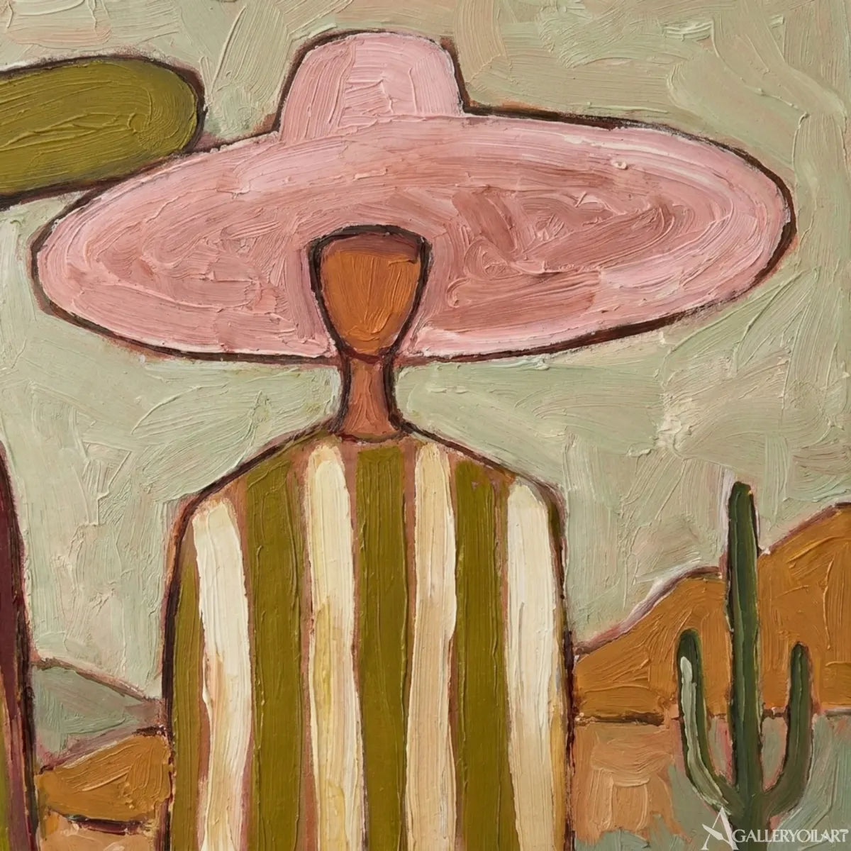 three-women-in-wide-hats-standing-together-in-green-portrait-art-displayed-in-a-close-up-detail