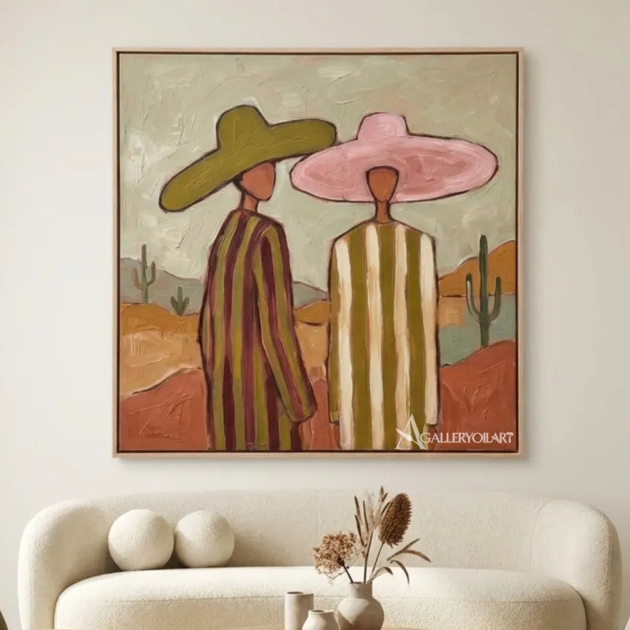 three-women-in-wide-hats-standing-together-in-green-portrait-art-displayed-in-a-gallery