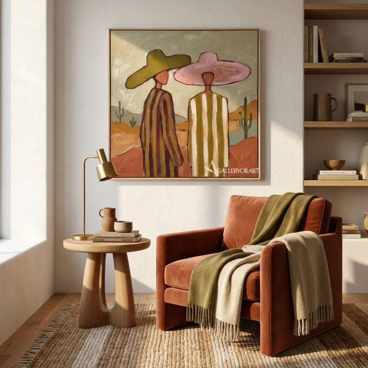 three-women-in-wide-hats-standing-together-in-green-portrait-art-displayed-in-a-private-lounge
