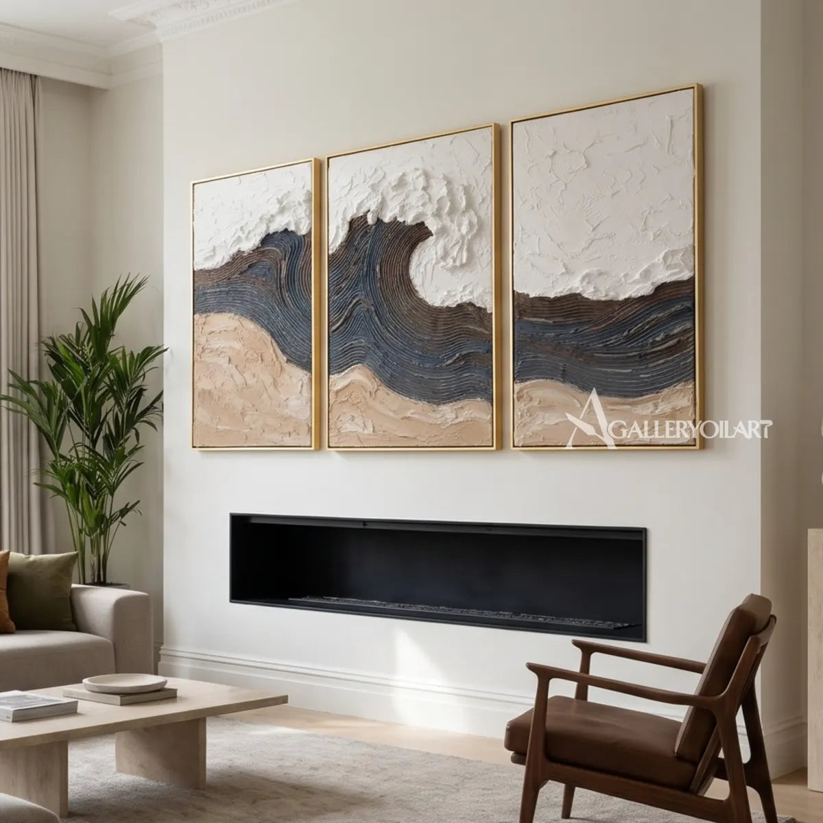 Tidal-arches-triptych-in-Textured-3D-Blue-wall-art-in-a-bedroom