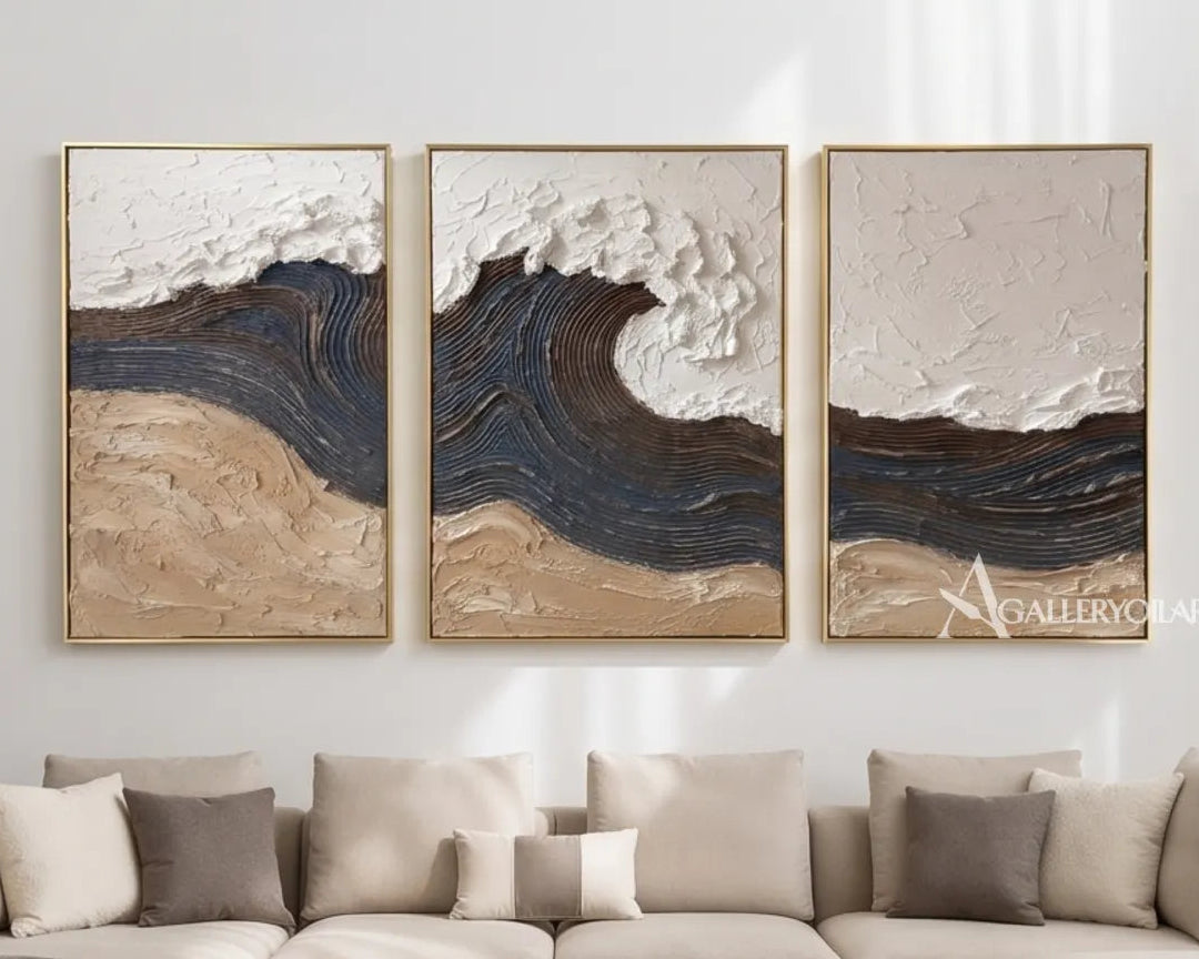 Tidal-arches-triptych-in-Textured-3D-Blue-wall-art-in-a-modern-living-room