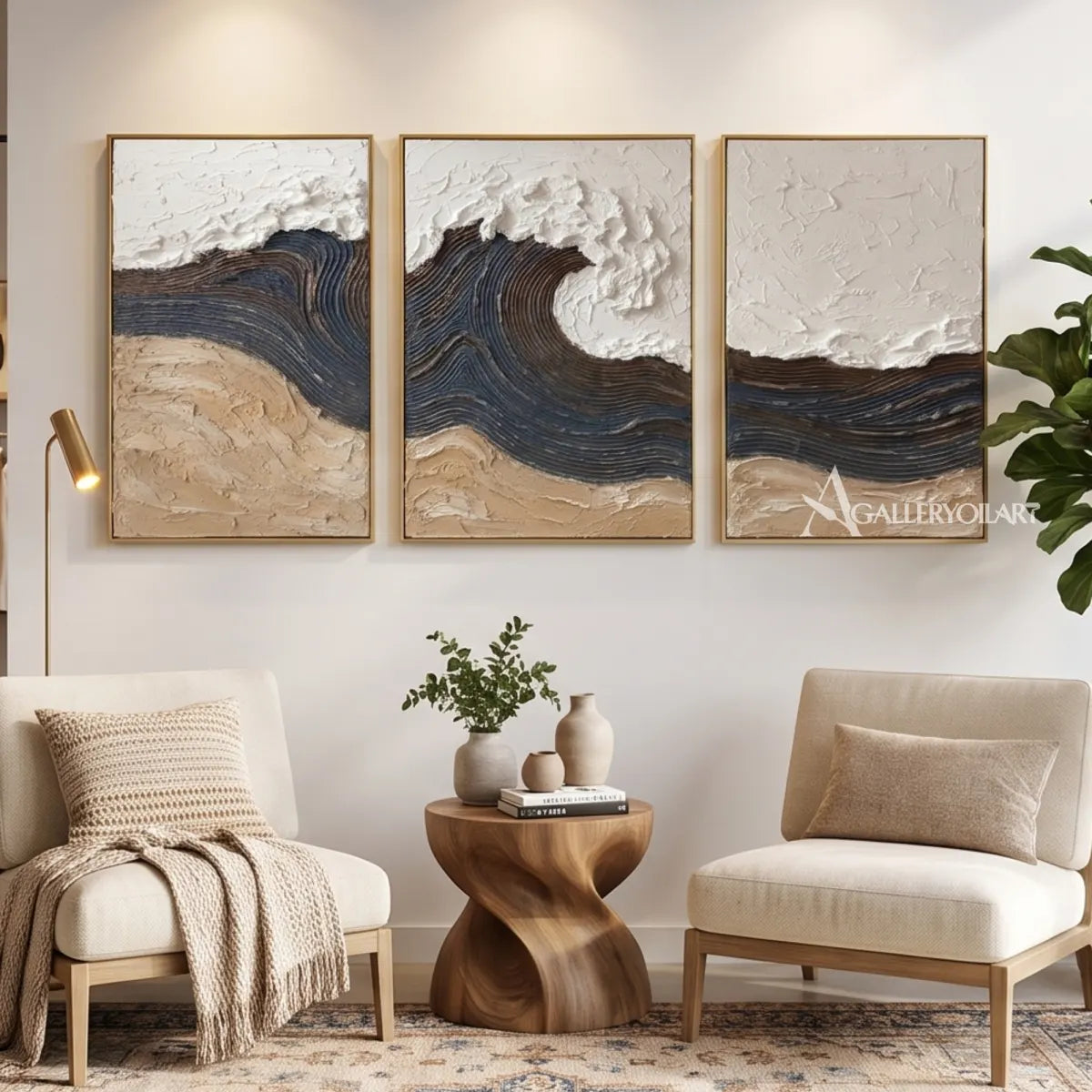 Tidal-arches-triptych-in-Textured-3D-Blue-wall-art-in-a-lounge