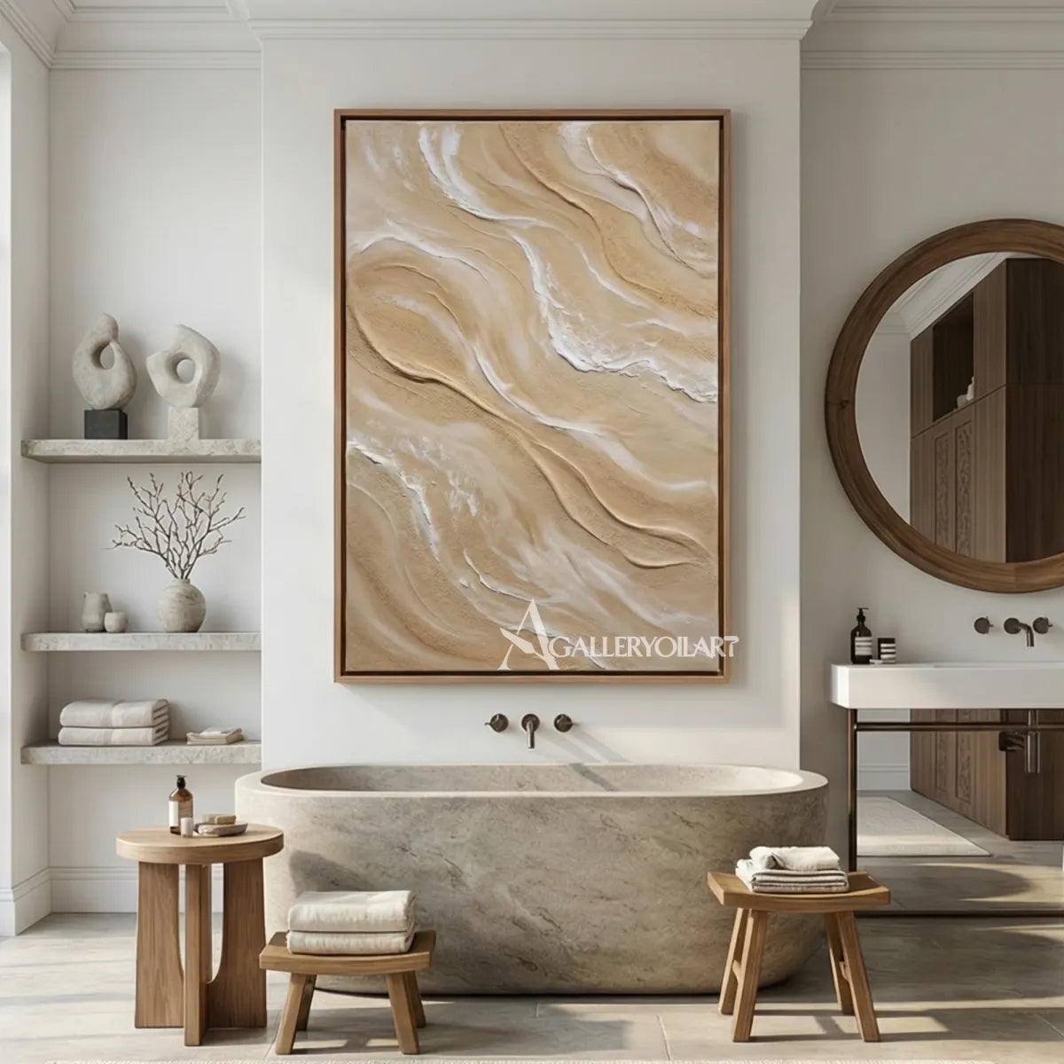 Flowing-sandlike-ridges-textured-3D-beige-wall-art-in-a-stone-bathroom
