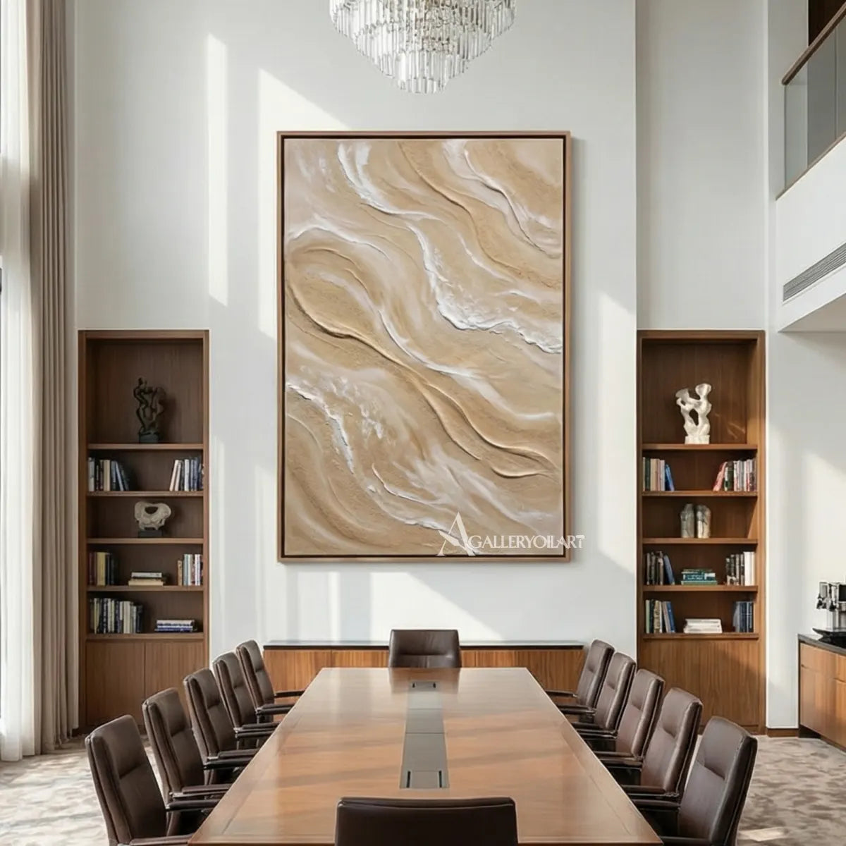 Flowing-sandlike-ridges-textured-3D-beige-wall-art-above-a-boardroom-table
