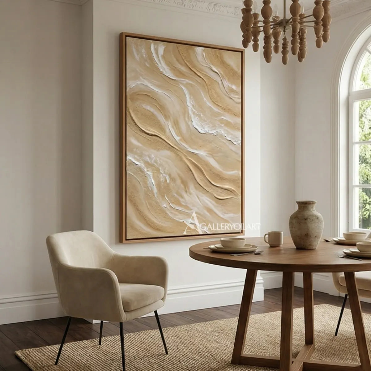 Flowing-sandlike-ridges-textured-3D-beige-wall-art-in-a-light-dining-room