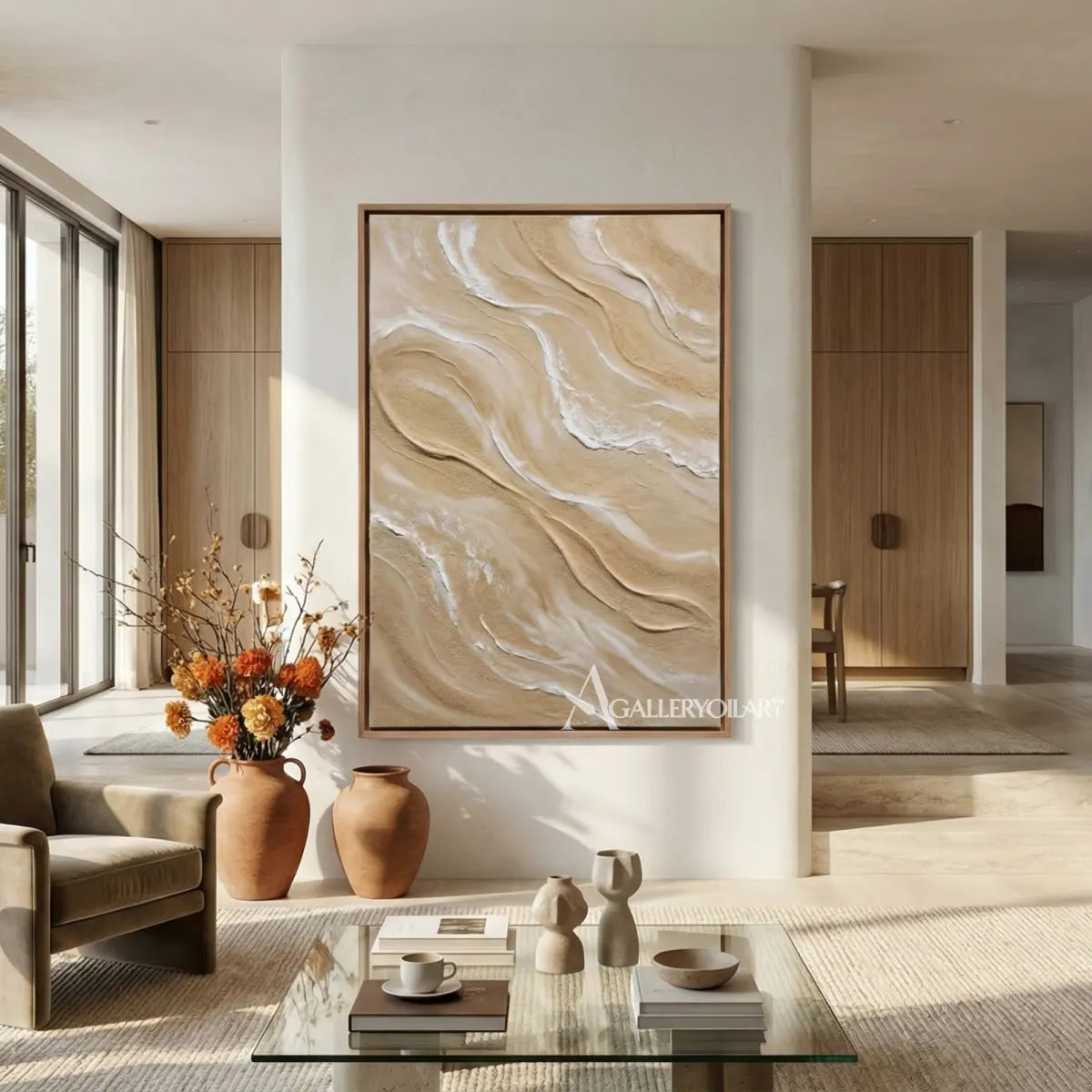 Flowing-sandlike-ridges-textured-3D-beige-wall-art-in-a-warm-living-room