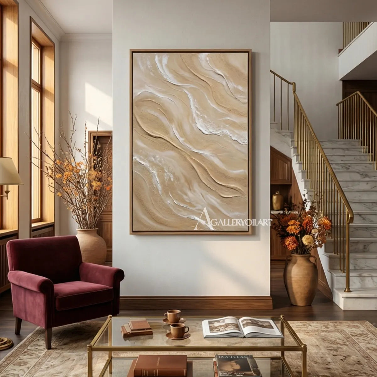 Flowing-sandlike-ridges-textured-3D-beige-wall-art-beside-a-marble-staircase