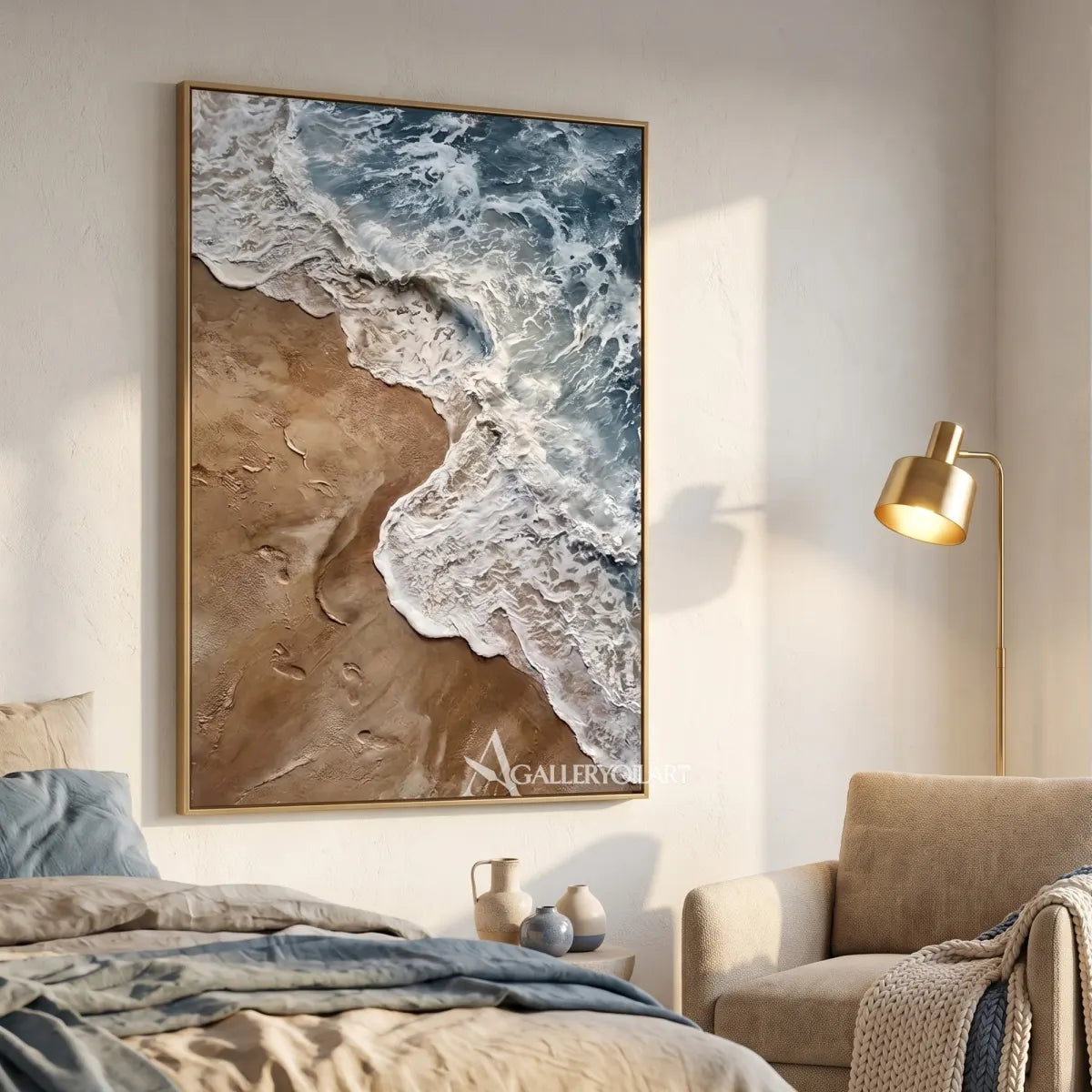 Sea Beach foaming shoreline and rolling water in blue, white, and sand relief-in-bedroom-reading-nook