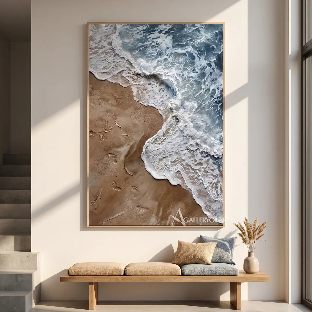 Sea Beach foaming shoreline and rolling water in blue, white, and sand relief-in-gallery-wall